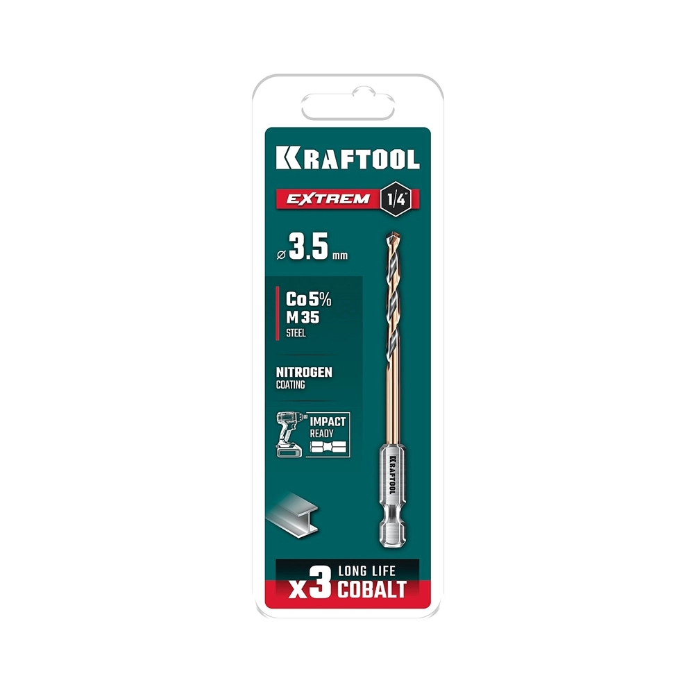 KRAFTOOL НЕХ-1/4″, d 3.5 х 79 мм, сверло по металлу для винтовёртов и шуруповертов IMPACT READY (29652-3.5) zb  29652-3.5