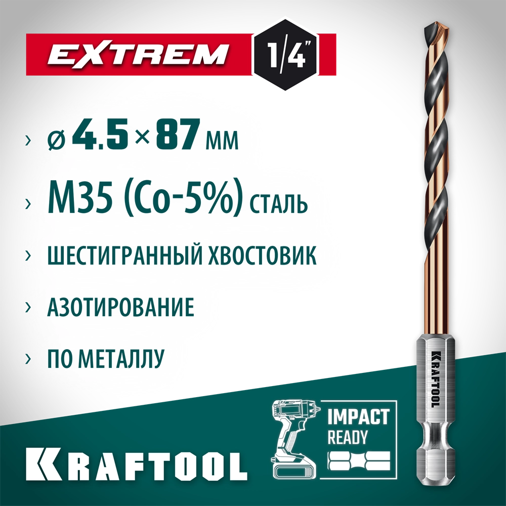 KRAFTOOL НЕХ-1/4″, d 4.5 х 87 мм, сверло по металлу для винтовёртов и шуруповертов IMPACT READY (29652-4.5) zb  29652-4.5