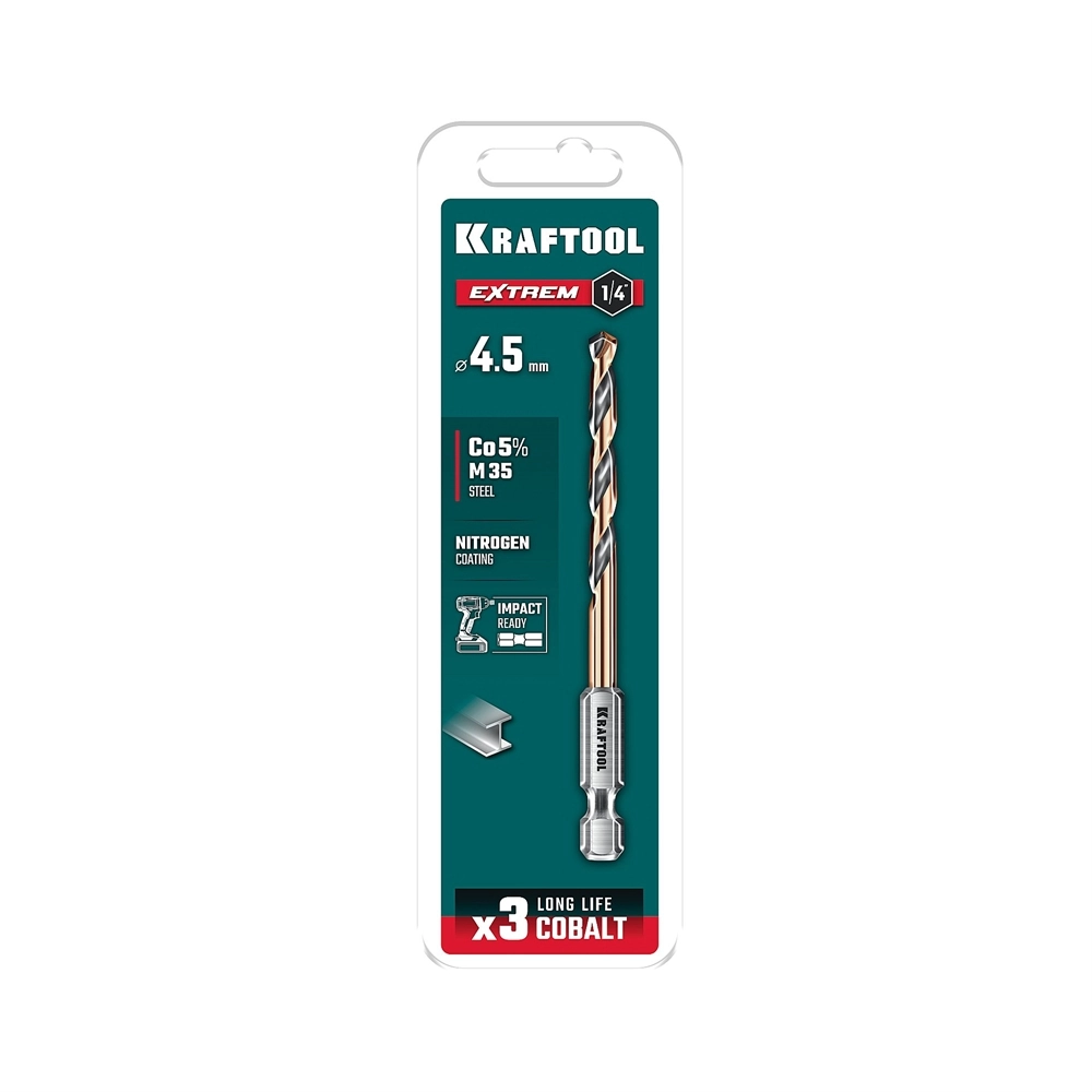KRAFTOOL НЕХ-1/4″, d 4.5 х 87 мм, сверло по металлу для винтовёртов и шуруповертов IMPACT READY (29652-4.5) zb  29652-4.5