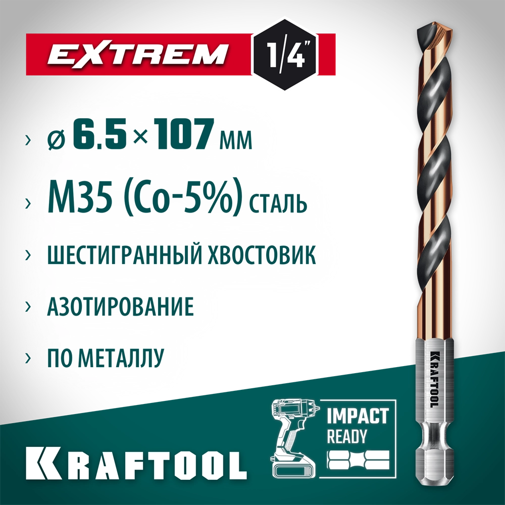 KRAFTOOL НЕХ-1/4″, d 6.5 х 107 мм, сверло по металлу для винтовёртов и шуруповертов IMPACT READY (29652-6.5) zb  29652-6.5