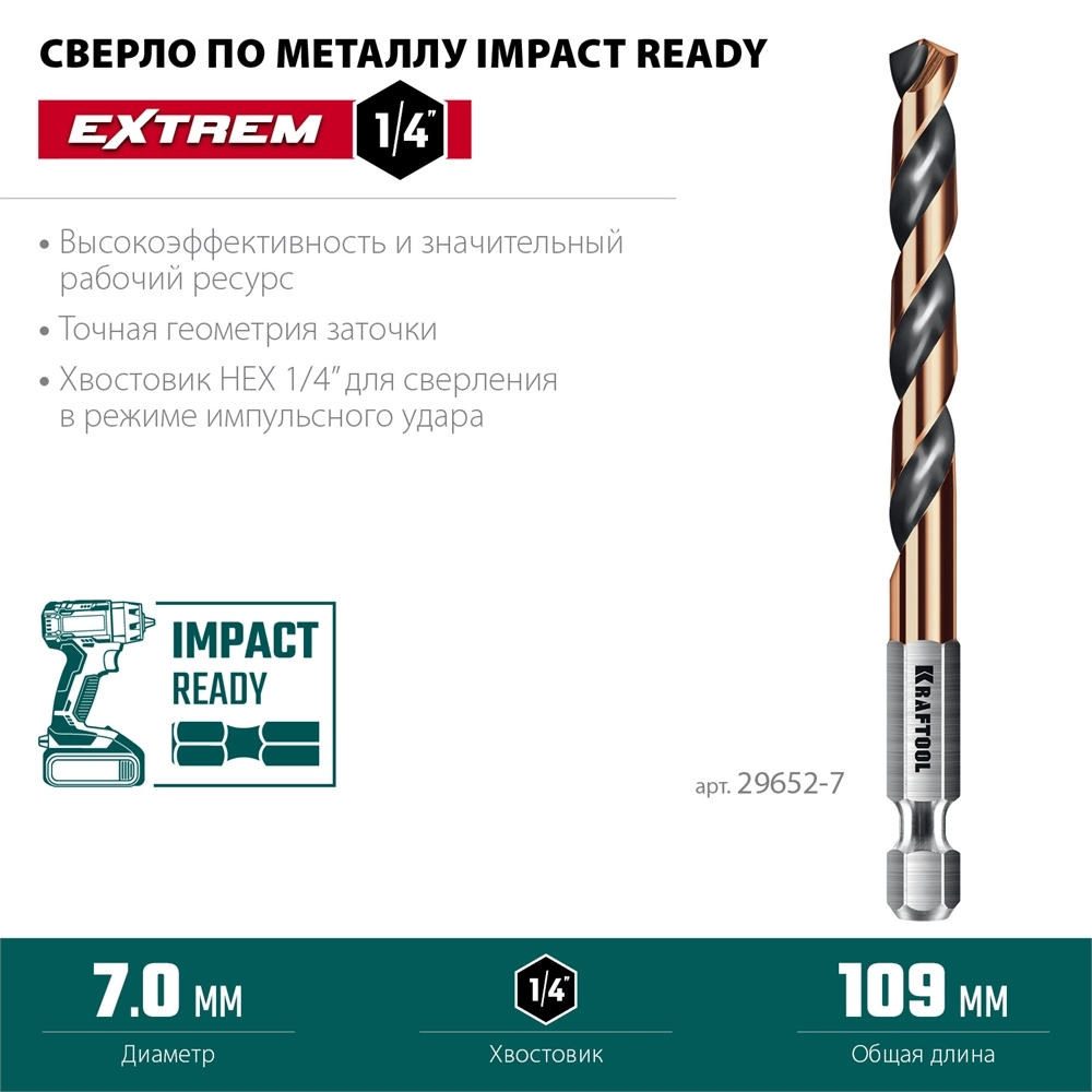 KRAFTOOL НЕХ-1/4″, d 7.0 х 109 мм, сверло по металлу для винтовёртов и шуруповертов IMPACT READY (29652-7) zb  29652-7