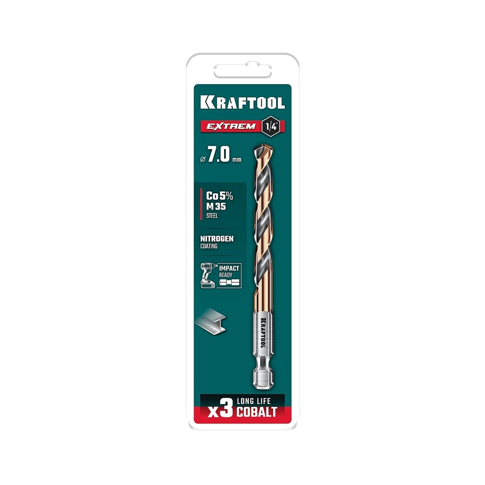 KRAFTOOL НЕХ-1/4″, d 7.0 х 109 мм, сверло по металлу для винтовёртов и шуруповертов IMPACT READY (29652-7) zb  29652-7