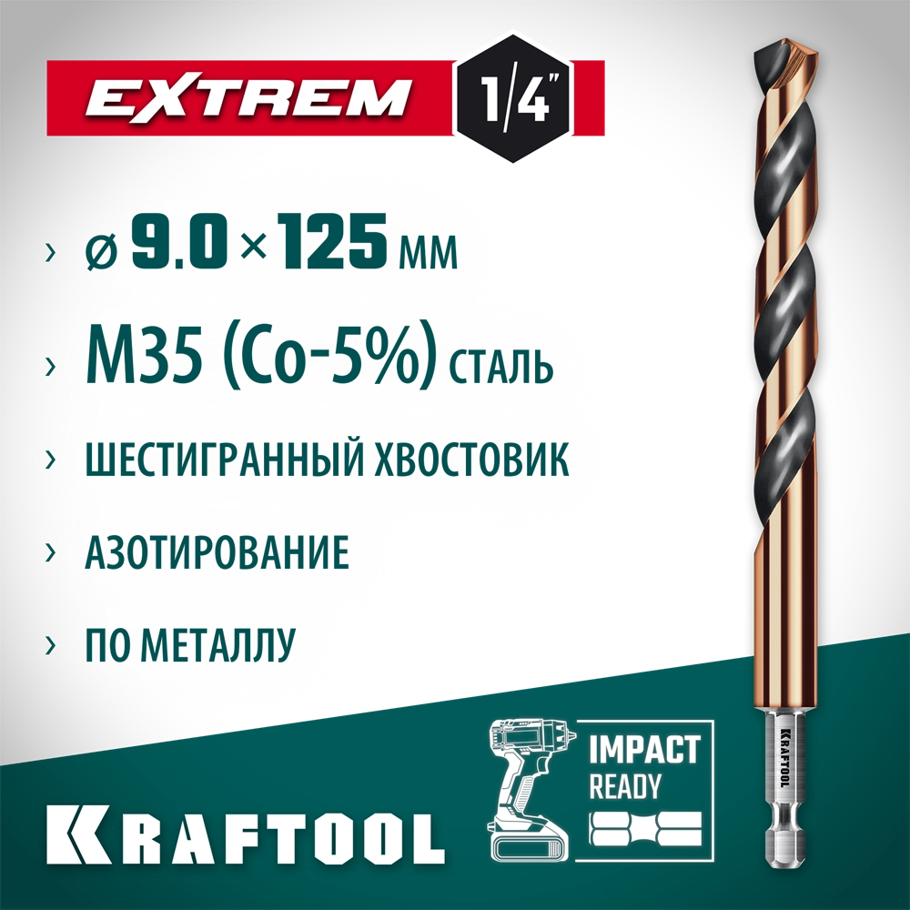 KRAFTOOL НЕХ-1/4″, d 9.0 х 125 мм, сверло по металлу для винтовёртов и шуруповертов IMPACT READY (29652-9) zb  29652-9