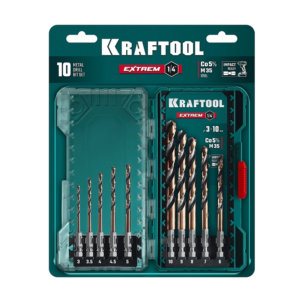 KRAFTOOL НЕХ-1/4″, 10 шт, набор сверл по металлу для винтовёртов и шуруповертов IMPACT READY (29652-H10) zb  29652-h10