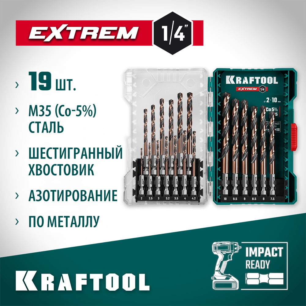 KRAFTOOL НЕХ-1/4″, 19 шт, набор сверл по металлу для винтовёртов и шуруповертов IMPACT READY (29652-H19) zb  29652-h19