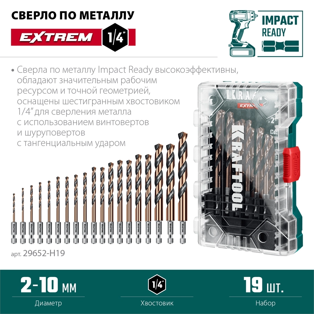 KRAFTOOL НЕХ-1/4″, 19 шт, набор сверл по металлу для винтовёртов и шуруповертов IMPACT READY (29652-H19) zb  29652-h19