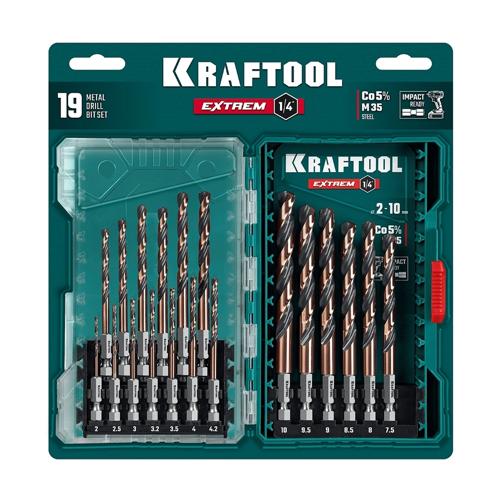KRAFTOOL НЕХ-1/4″, 19 шт, набор сверл по металлу для винтовёртов и шуруповертов IMPACT READY (29652-H19) zb  29652-h19