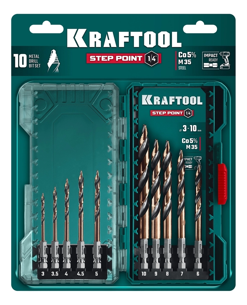 KRAFTOOL STEP POINT, 10 шт, набор сверл по металлу для винтовёртов и шуруповертов IMPACT READY (29653-H10) zb  29653-h10