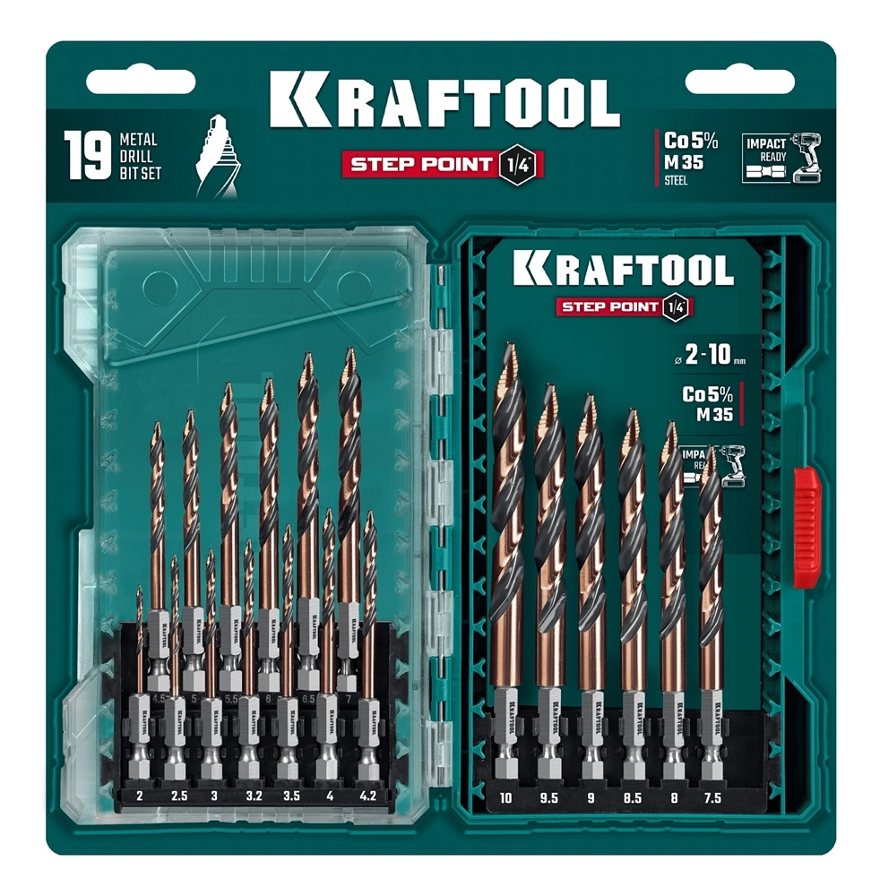 KRAFTOOL STEP POINT, 19 шт, набор сверл по металлу для винтовёртов и шуруповертов IMPACT READY (29653-H19) zb  29653-h19