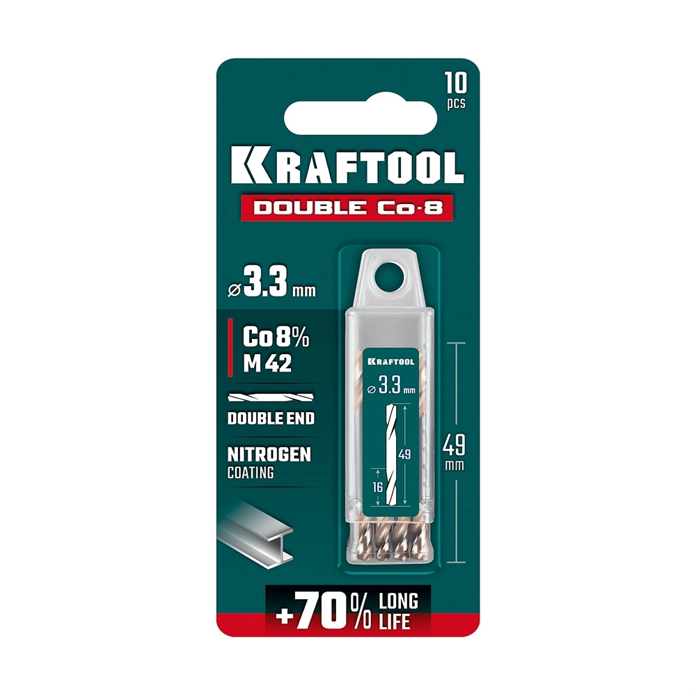 KRAFTOOL DOUBLE Сo-8 3.3х49мм, Сверло двухстороннее по металлу, сталь M42(+8%Co), класс А (29654-3.3-10) zb  29654-3.3-10