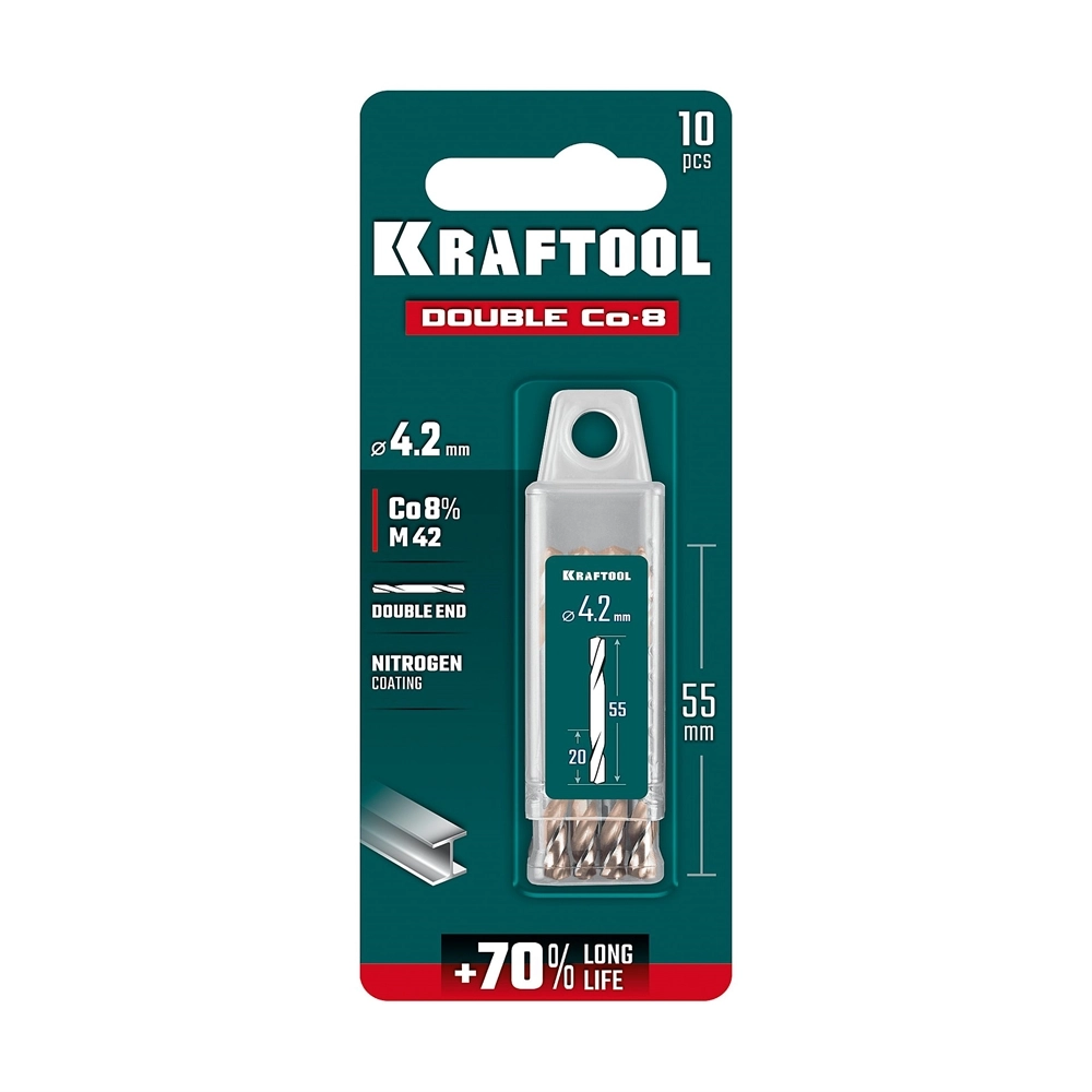 KRAFTOOL DOUBLE Сo-8 4.2х55мм, Сверло двухстороннее по металлу, сталь M42(+8%Co), класс А (29654-4.2-10) zb  29654-4.2-10