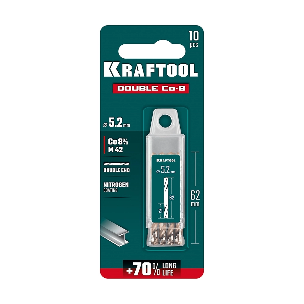 KRAFTOOL DOUBLE Сo-8 5.2х62мм, Сверло двухстороннее по металлу, сталь M42(+8%Co), класс А (29654-5.2-10) zb  29654-5.2-10