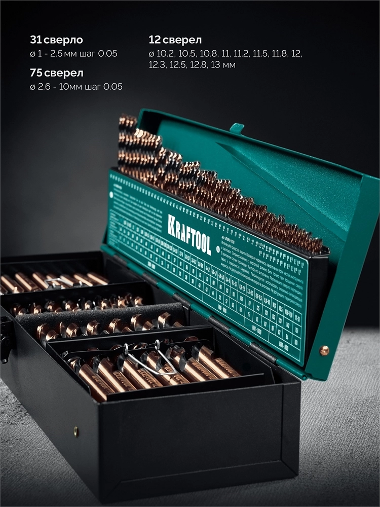 KRAFTOOL Cobalt, 118 шт, (1-13 мм), сталь М42, HSS-Co(8%), набор сверл по металлу (29656-H118) zb  29656-h118