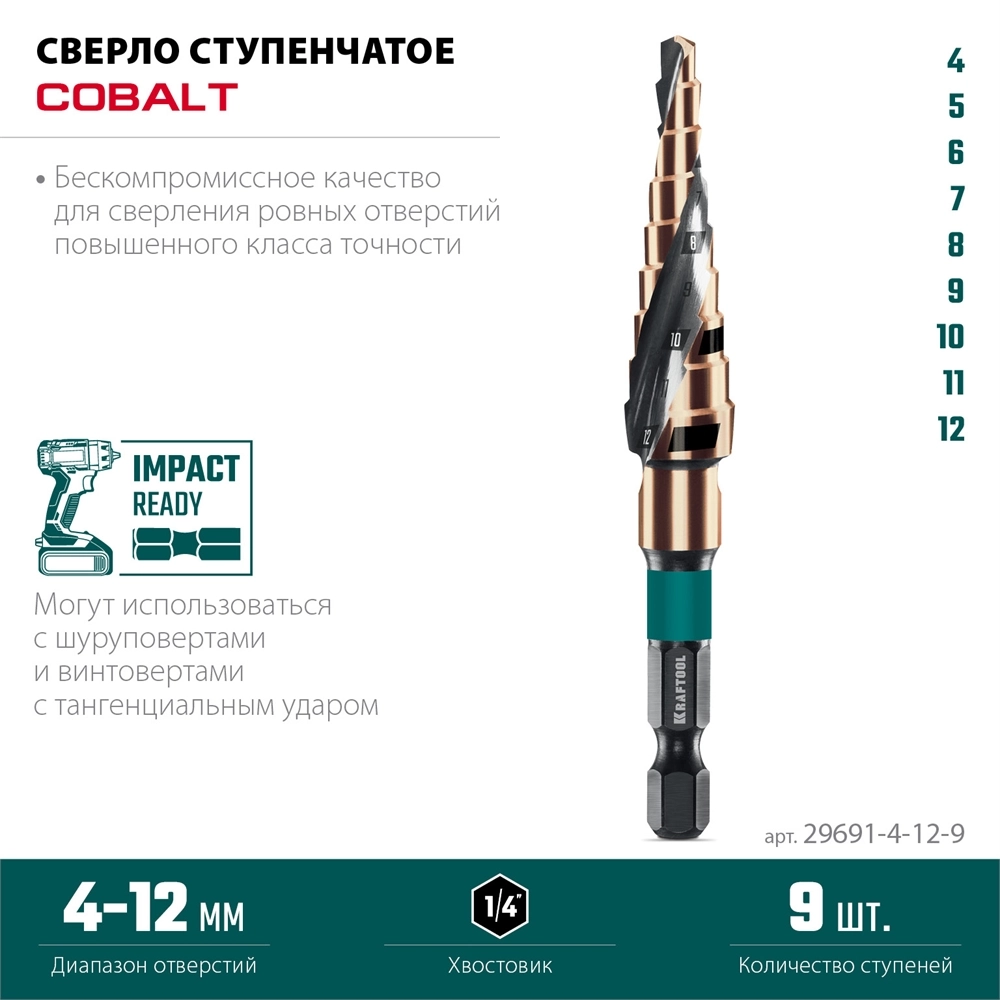 KRAFTOOL COBALT 4-12мм, 9 ступеней, азотирование, винтовая спираль, сверло ступенчатое(29691-4-12-9) zb  29691-4-12-9