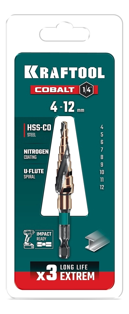 KRAFTOOL COBALT 4-12мм, 9 ступеней, азотирование, винтовая спираль, сверло ступенчатое(29691-4-12-9) zb  29691-4-12-9