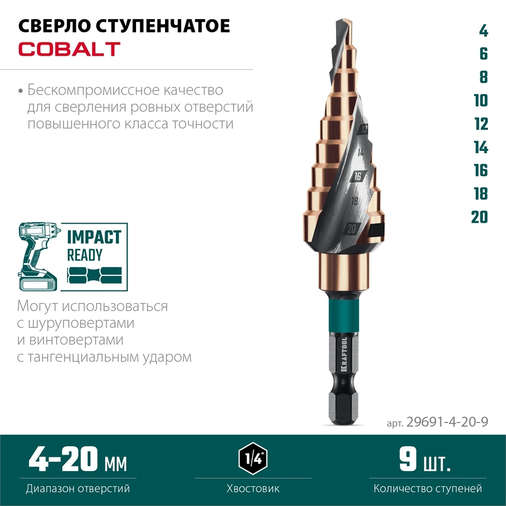 KRAFTOOL COBALT 4-20мм, 9 ступеней, азотирование, винтовая спираль, сверло ступенчатое(29691-4-20-9) zb  29691-4-20-9