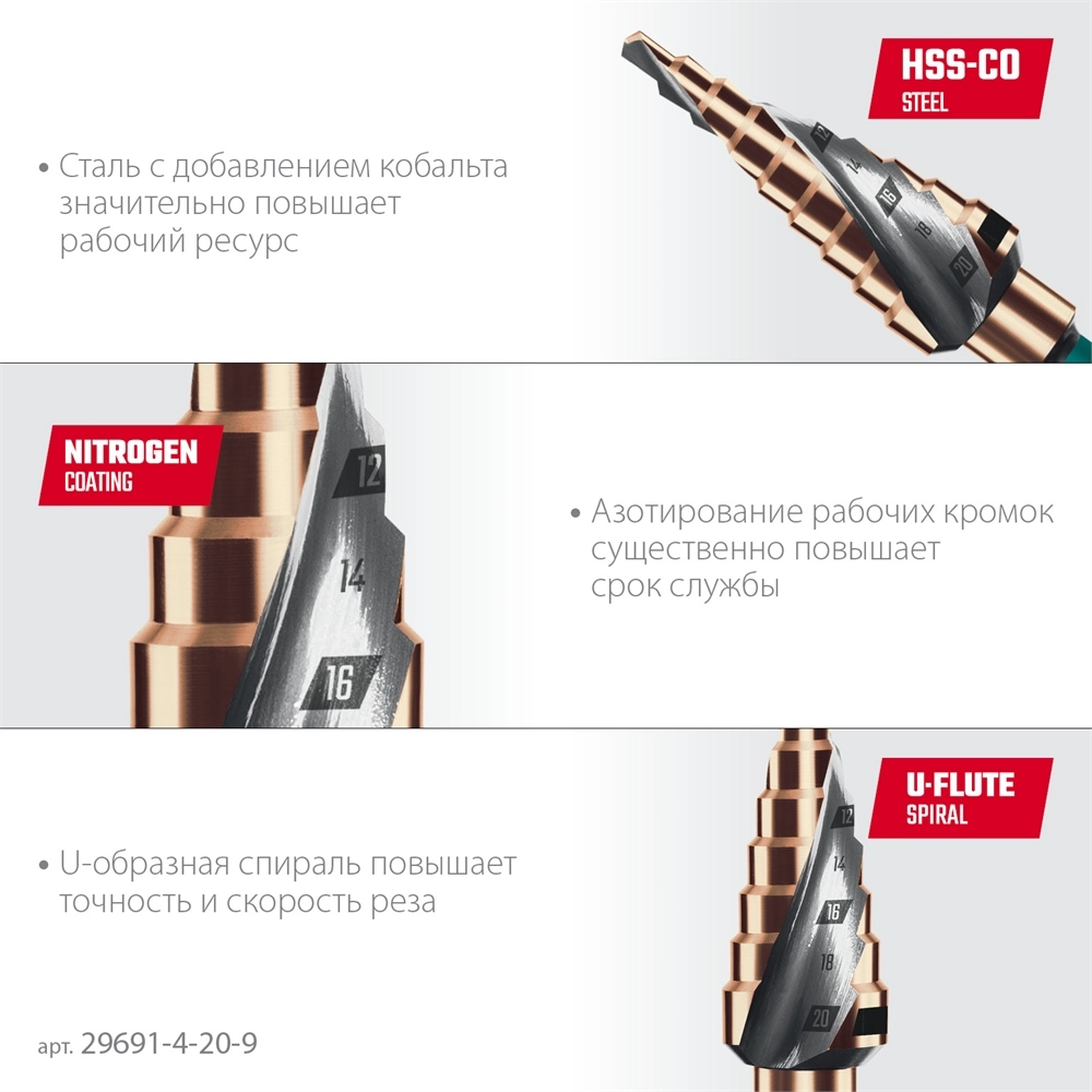 KRAFTOOL COBALT 4-20мм, 9 ступеней, азотирование, винтовая спираль, сверло ступенчатое(29691-4-20-9) zb  29691-4-20-9