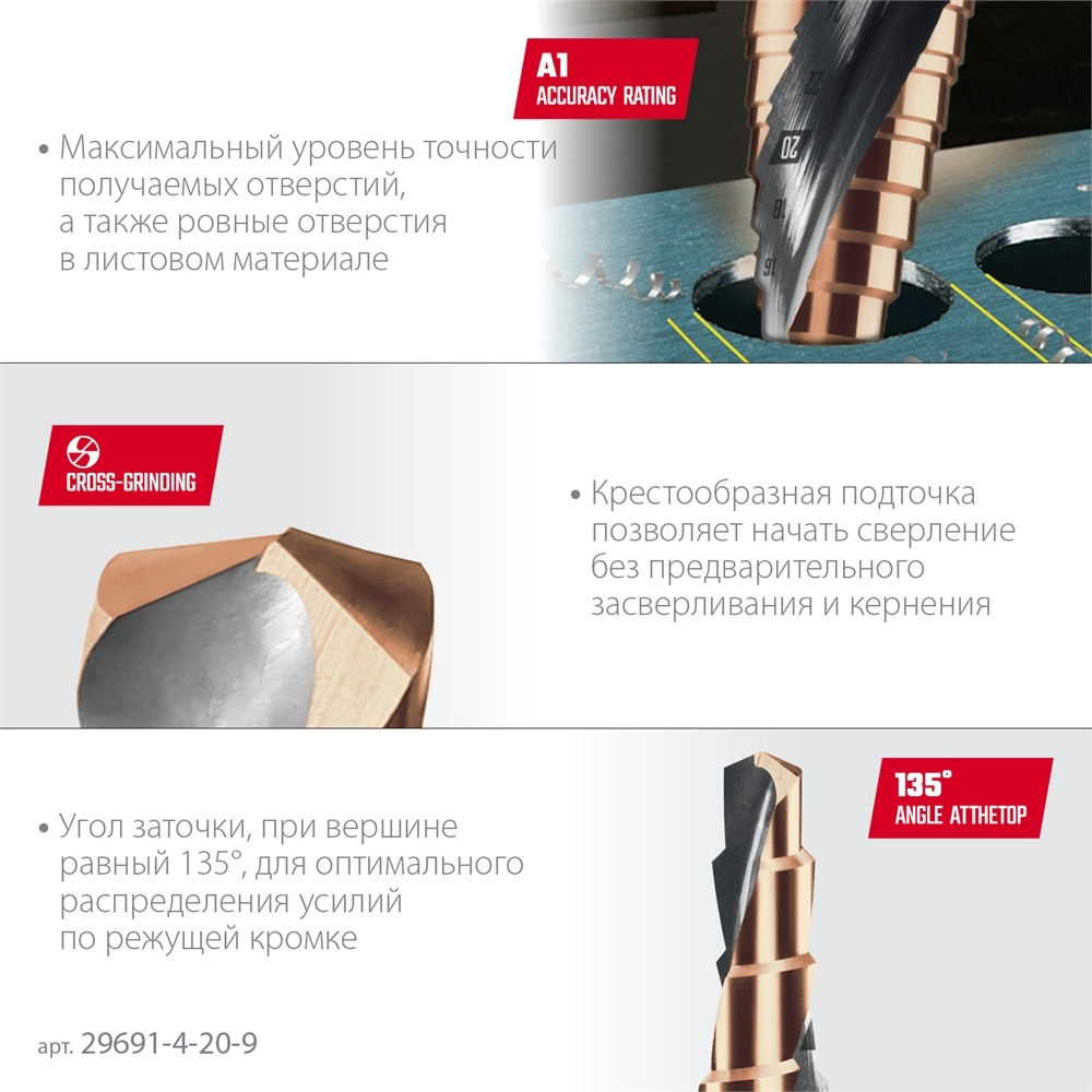 KRAFTOOL COBALT 4-20мм, 9 ступеней, азотирование, винтовая спираль, сверло ступенчатое(29691-4-20-9) zb  29691-4-20-9