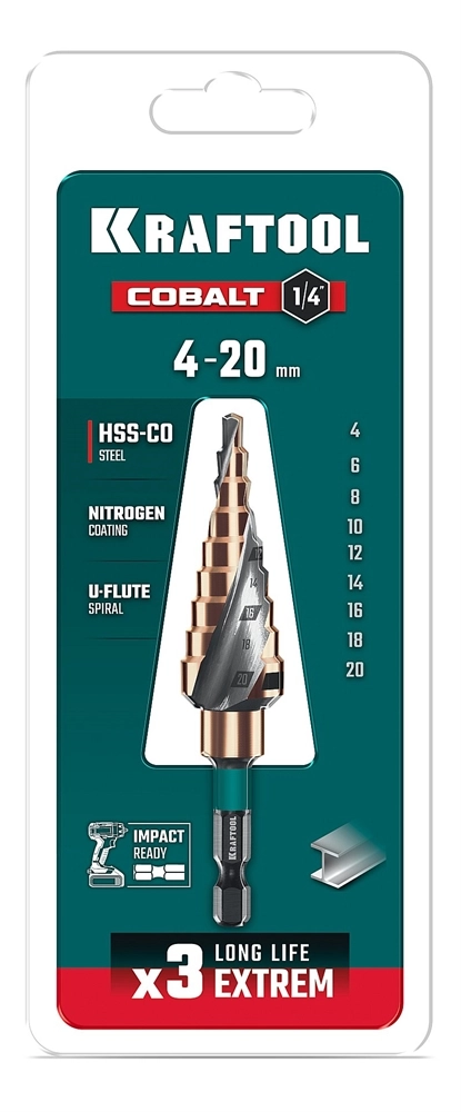 KRAFTOOL COBALT 4-20мм, 9 ступеней, азотирование, винтовая спираль, сверло ступенчатое(29691-4-20-9) zb  29691-4-20-9