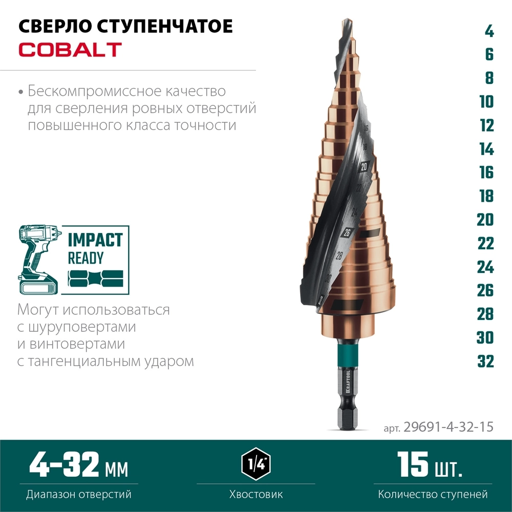 KRAFTOOL COBALT 4-32мм, 15 ступеней, азотирование, винтовая спираль, сверло ступенчатое(29691-4-32-15) zb  29691-4-32-15