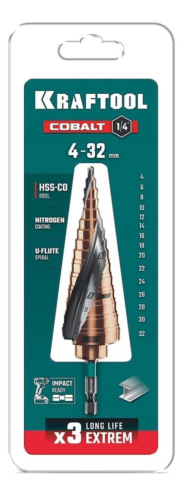 KRAFTOOL COBALT 4-32мм, 15 ступеней, азотирование, винтовая спираль, сверло ступенчатое(29691-4-32-15) zb  29691-4-32-15