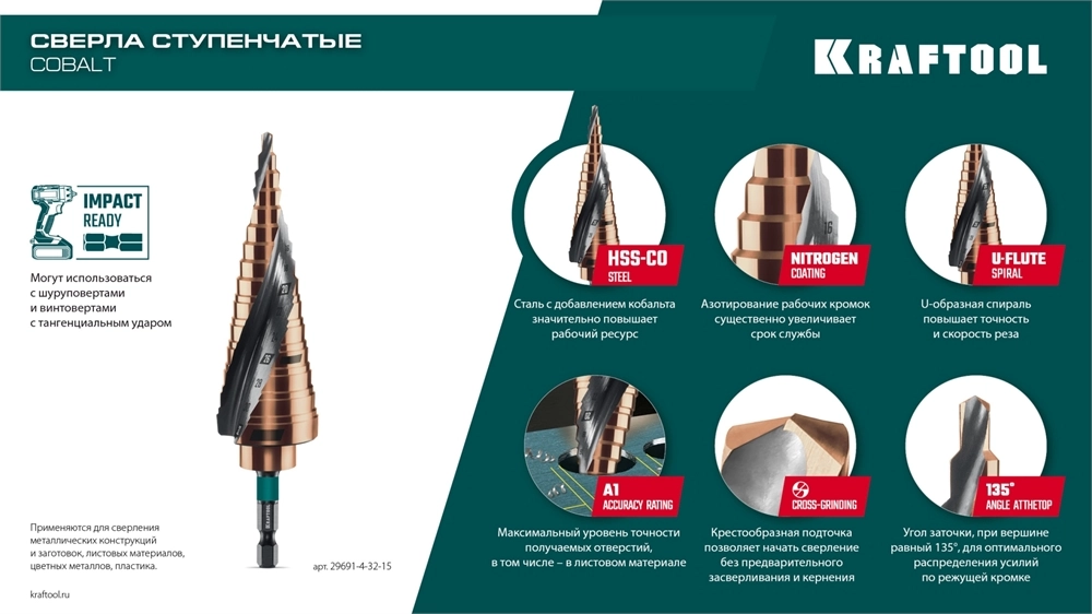 KRAFTOOL COBALT 4-32мм, 15 ступеней, азотирование, винтовая спираль, сверло ступенчатое(29691-4-32-15) zb  29691-4-32-15