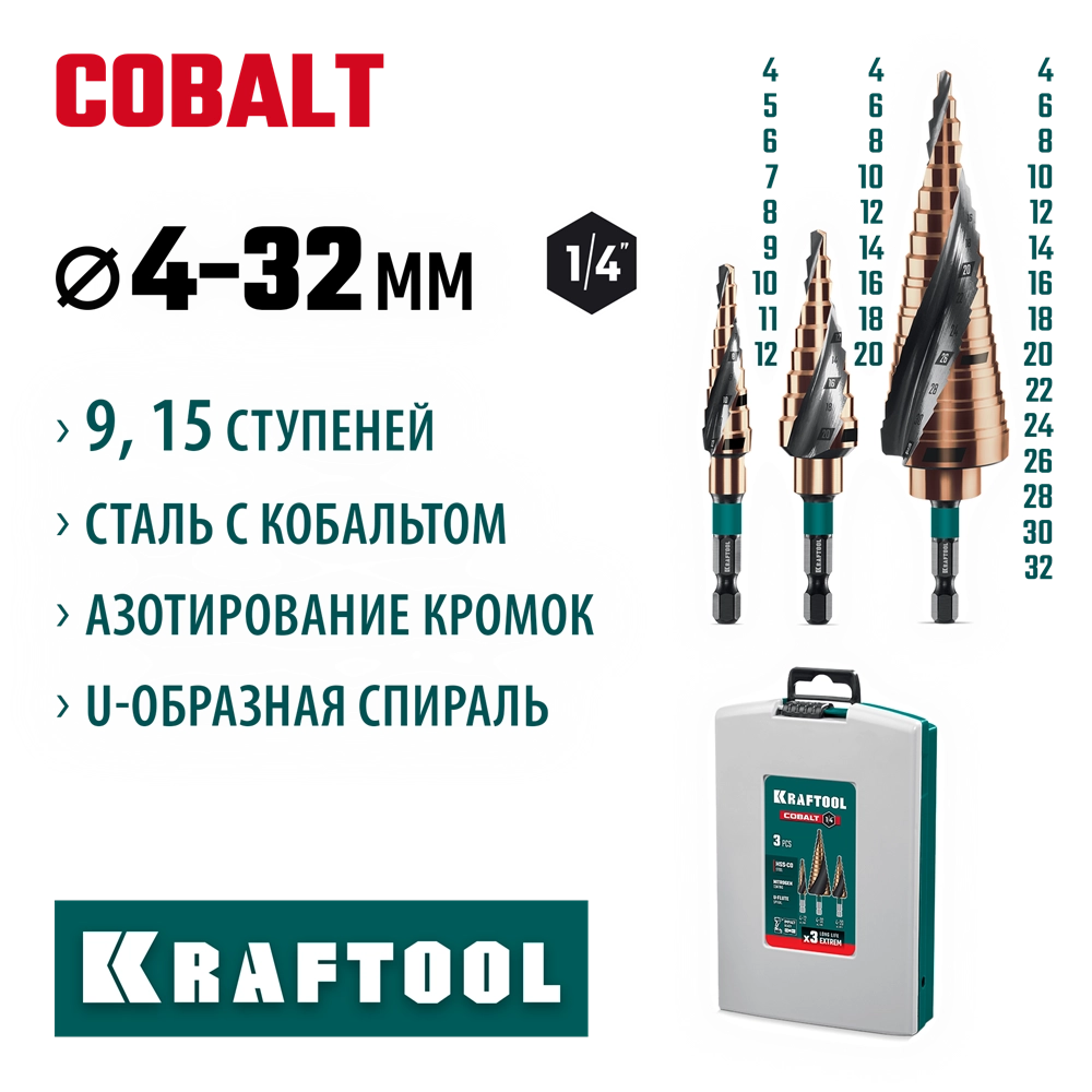 KRAFTOOL COBALT 3 шт., 4-32мм, азотирование, винтовая спираль, набор сверл ступенчатых(29691-4-32-H3) zb  29691-4-32-h3
