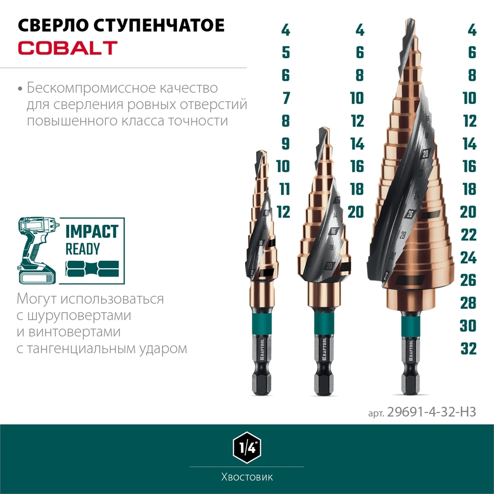 KRAFTOOL COBALT 3 шт., 4-32мм, азотирование, винтовая спираль, набор сверл ступенчатых(29691-4-32-H3) zb  29691-4-32-h3