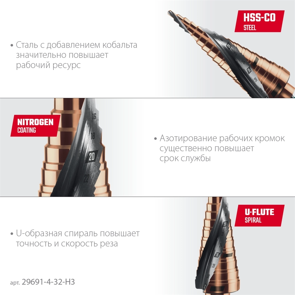 KRAFTOOL COBALT 3 шт., 4-32мм, азотирование, винтовая спираль, набор сверл ступенчатых(29691-4-32-H3) zb  29691-4-32-h3