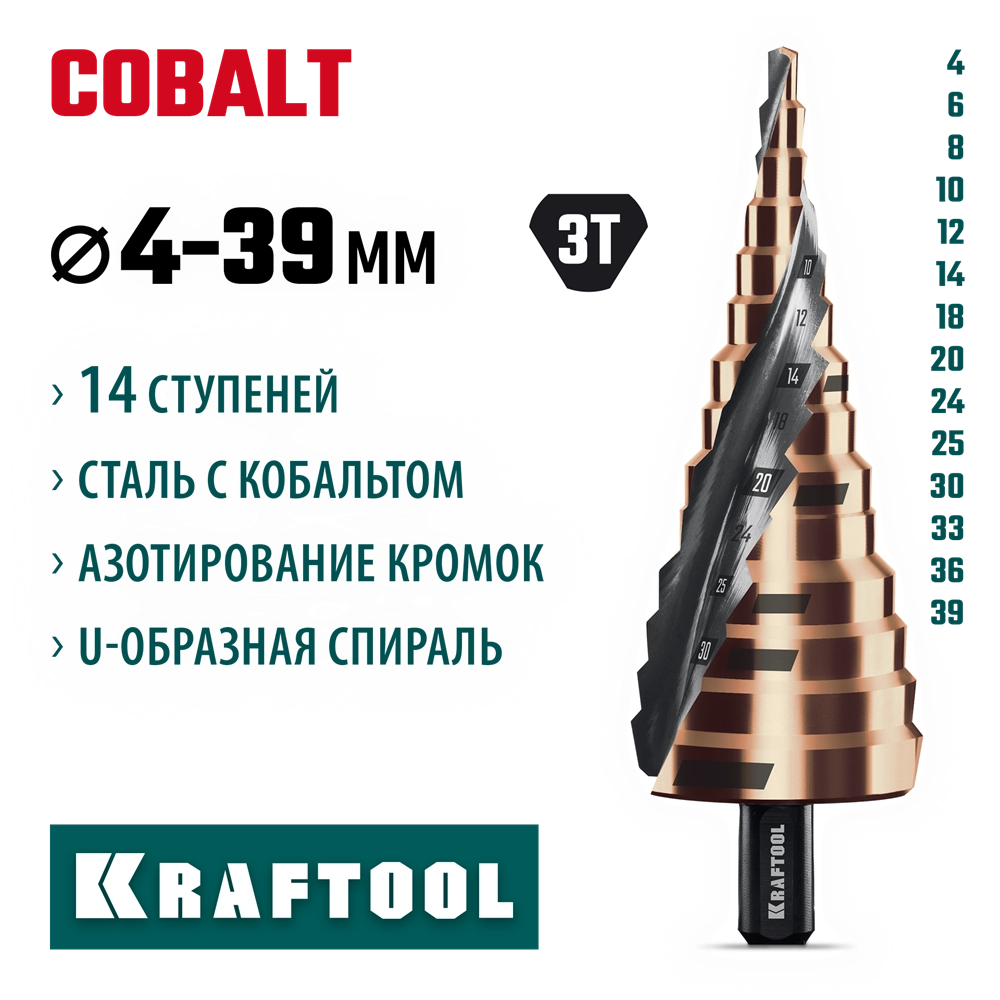 KRAFTOOL COBALT 4-39мм, 14 ступеней, азотирование, винтовая спираль, сверло ступенчатое(29691-4-39-14) zb  29691-4-39-14