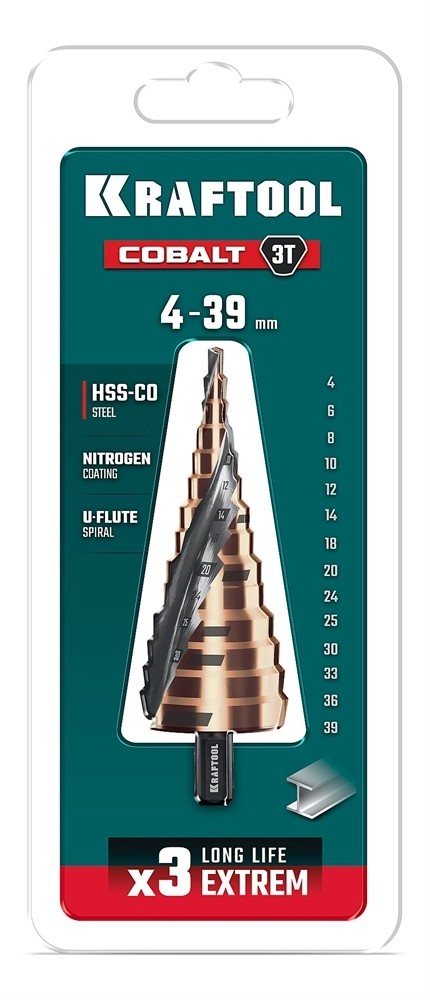 KRAFTOOL COBALT 4-39мм, 14 ступеней, азотирование, винтовая спираль, сверло ступенчатое(29691-4-39-14) zb  29691-4-39-14