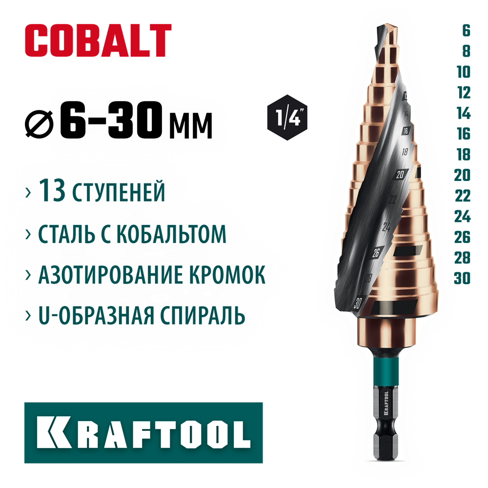 KRAFTOOL COBALT 6-30мм, 13 ступеней, азотирование, винтовая спираль, сверло ступенчатое(29691-6-30-13) zb  29691-6-30-13