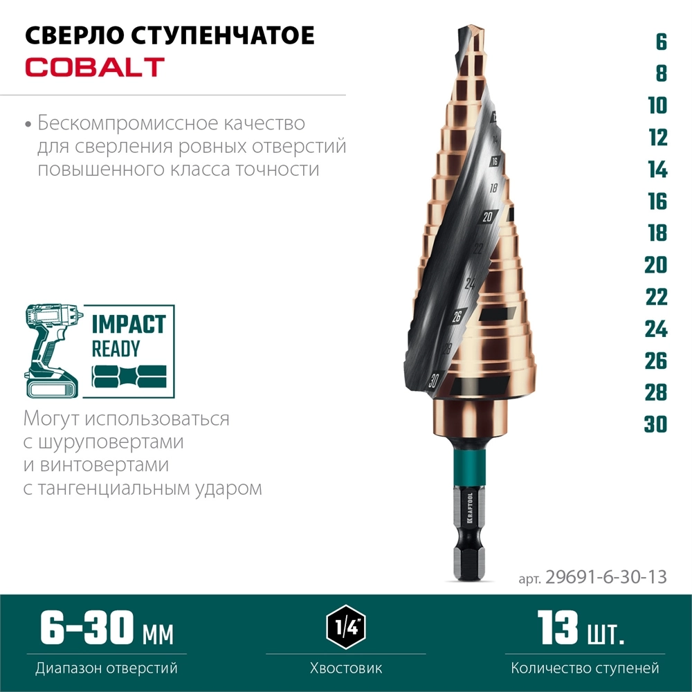 KRAFTOOL COBALT 6-30мм, 13 ступеней, азотирование, винтовая спираль, сверло ступенчатое(29691-6-30-13) zb  29691-6-30-13