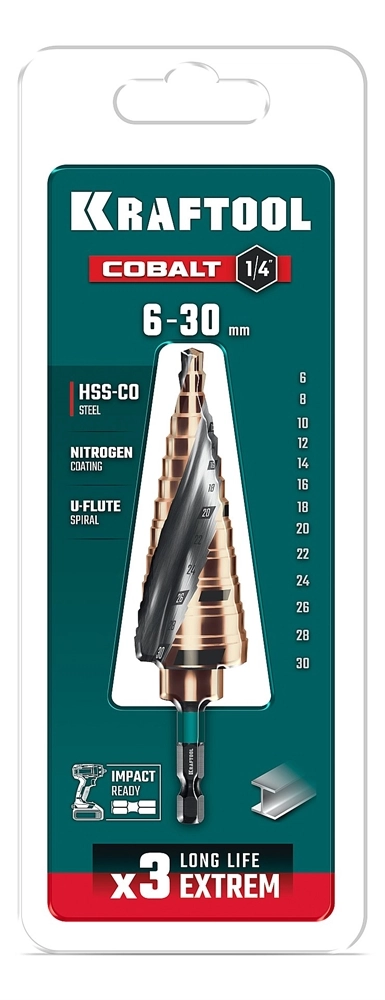 KRAFTOOL COBALT 6-30мм, 13 ступеней, азотирование, винтовая спираль, сверло ступенчатое(29691-6-30-13) zb  29691-6-30-13