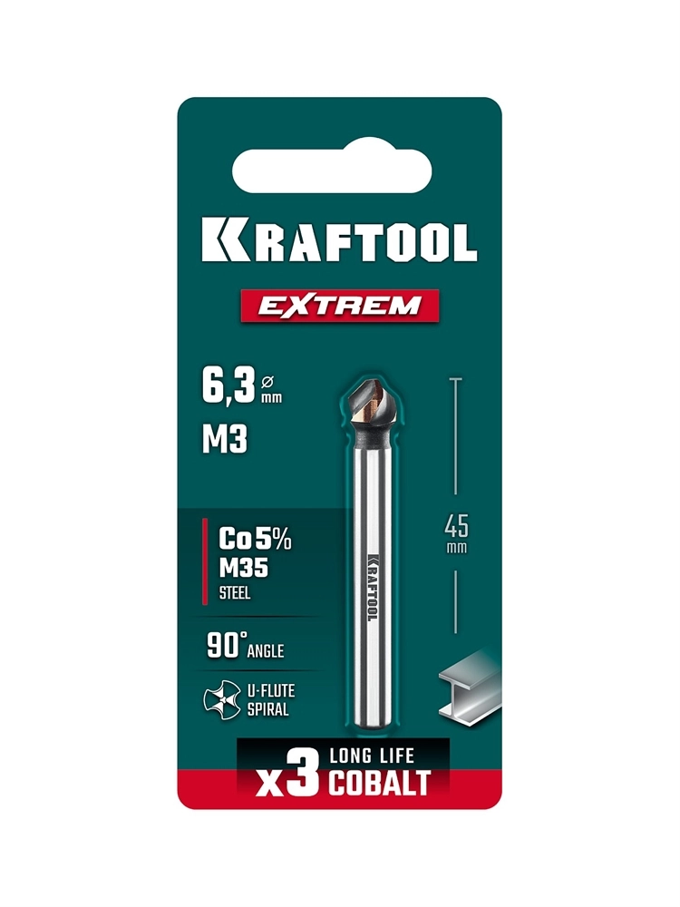 KRAFTOOL EXTREME Со5-А, d 6.3x5х45 мм, Z3, 90°, сталь M35, U-образная спираль, зенковка (29734-3) zb  29734-3