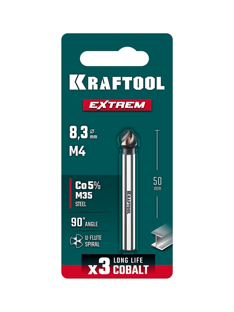 KRAFTOOL EXTREME Со5-А, d 8.3х6х50 мм, Z3, 90°, сталь M35, U-образная спираль, зенковка (29734-4) zb  29734-4