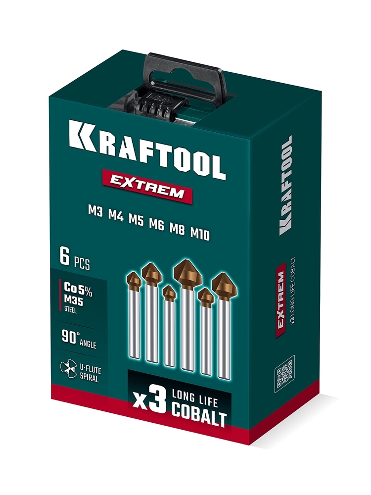 KRAFTOOL EXTREME Со5-А, 6 шт (6.3, 8.3, 10.4, 12.4, 16.5, 20.5 мм), Z3, 90°, сталь M35, U-образная спираль, набор зенковок (29734-H6) zb  29734-h6