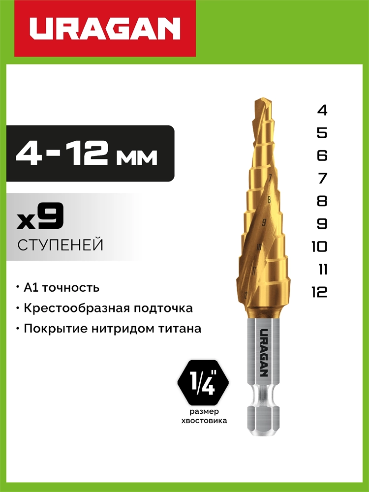 URAGAN 4-12мм, 9 ступеней, винтовая спираль, сверло ступенчатое(29658-4-12-9) zb  29658-4-12-9