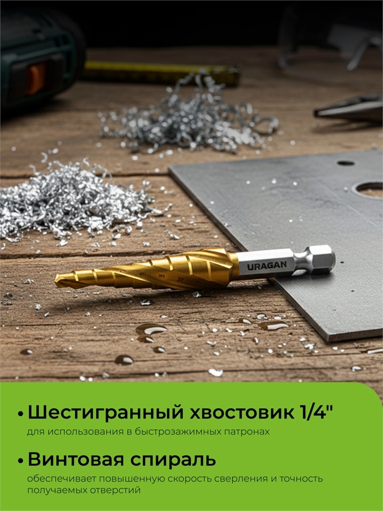 URAGAN 4-12мм, 9 ступеней, винтовая спираль, сверло ступенчатое(29658-4-12-9) zb  29658-4-12-9