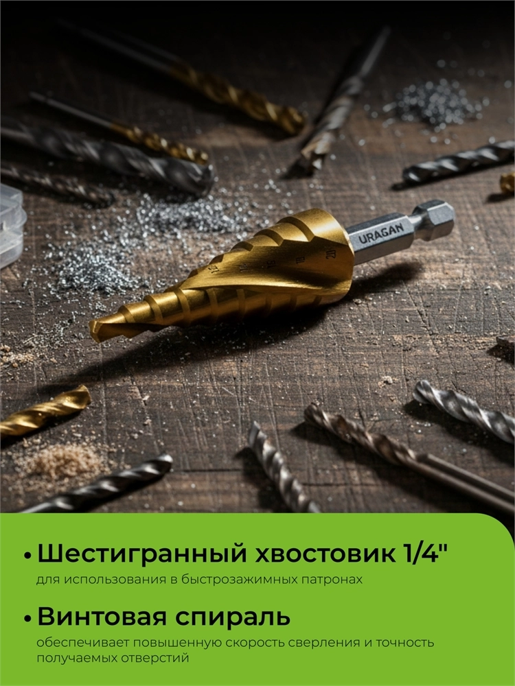 URAGAN 4-20мм, 9 ступеней, винтовая спираль, сверло ступенчатое(29658-4-20-9) zb  29658-4-20-9