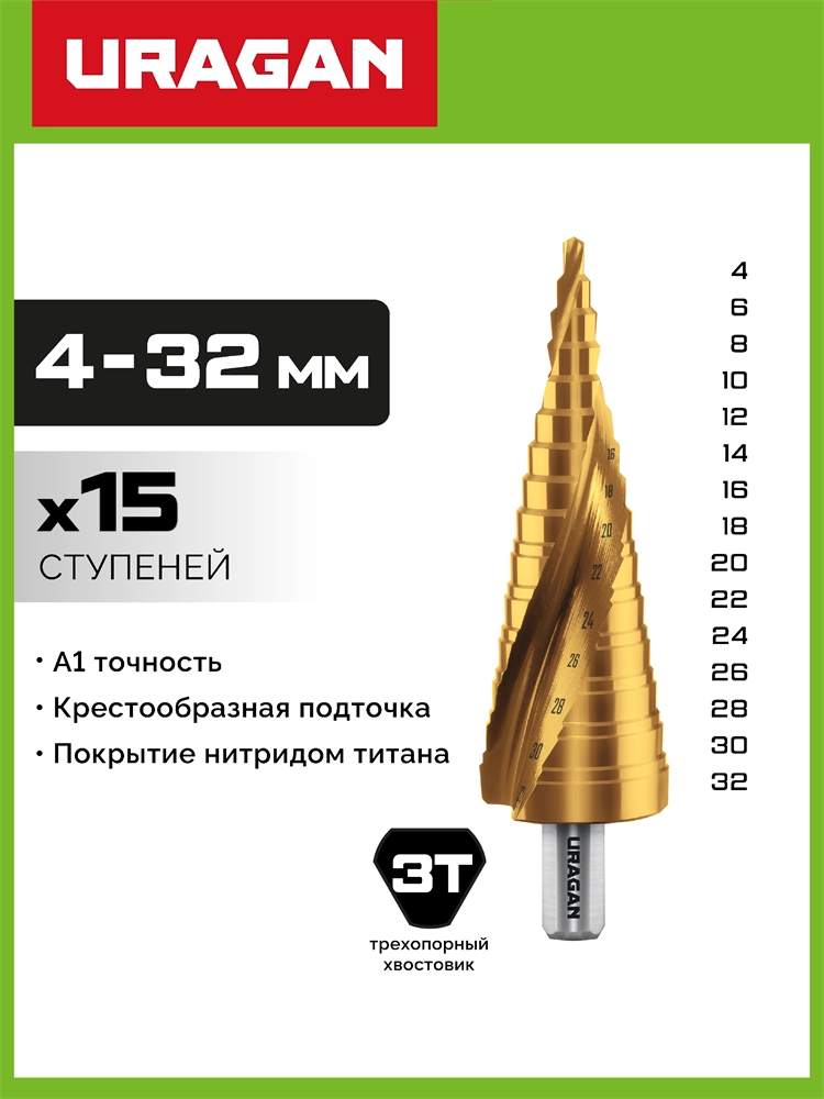 URAGAN 4-32мм, 15 ступеней, винтовая спираль, сверло ступенчатое (29658-4-32-15) zb  29658-4-32-15