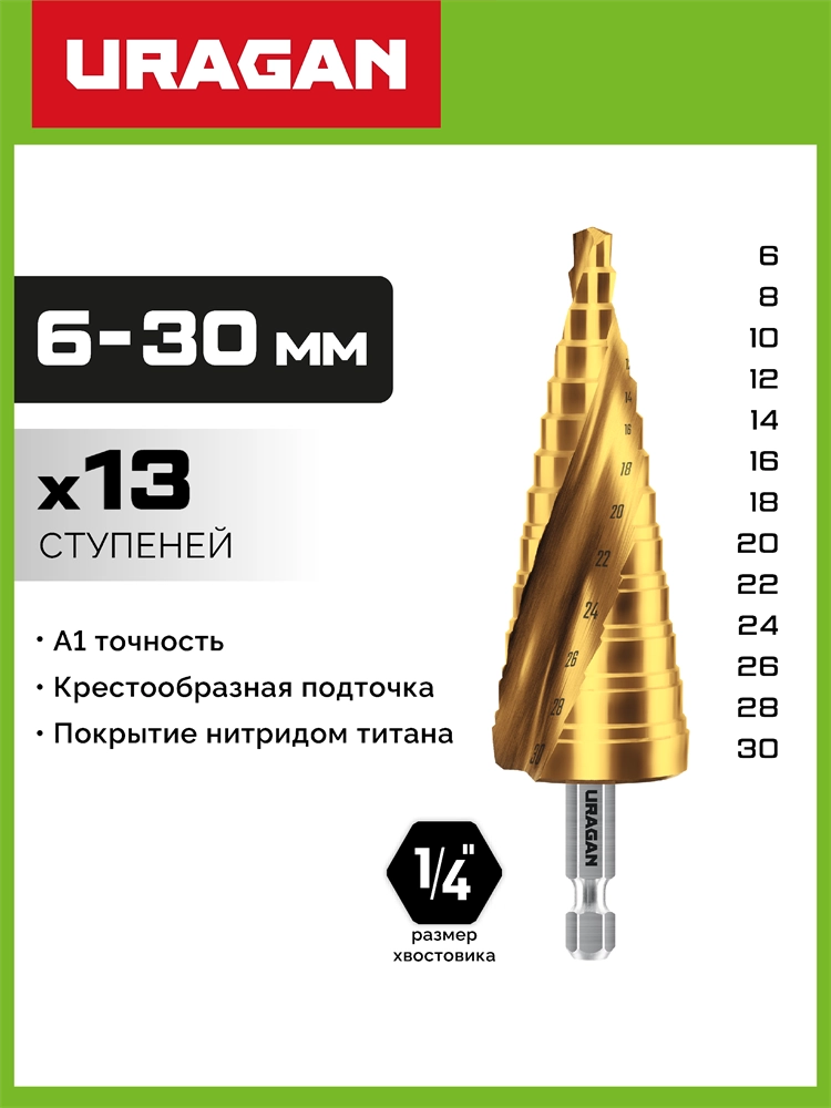 URAGAN 6-30мм, 13 ступеней, винтовая спираль, сверло ступенчатое (29658-6-30-13) zb  29658-6-30-13