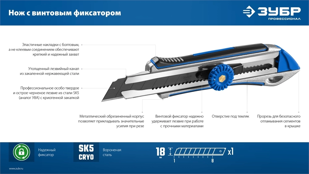 ЗУБР Титан-В, 18 мм, металлический обрезиненный нож с винтовым фиксатором, Профессионал (09174) zb  9174