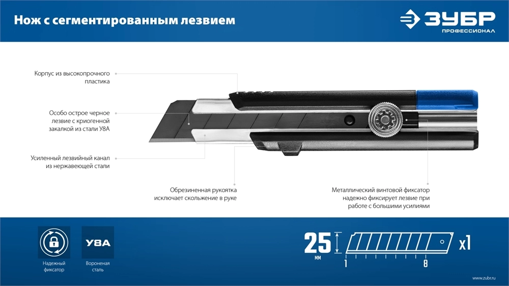 ЗУБР ПРО-25, 25 мм, нож с сегментированным лезвием, Профессионал (09175) zb  09175_z01