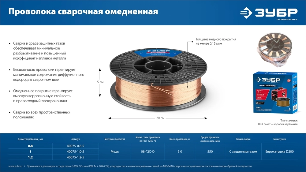 ЗУБР О-СП, d 0.8 мм, 5 кг, омеднённая сварочная проволока, тип ER70S-6 (аналог Св-08Г2С-О), Профессионал (40075-0.8-5) zb  40075-0.8-5