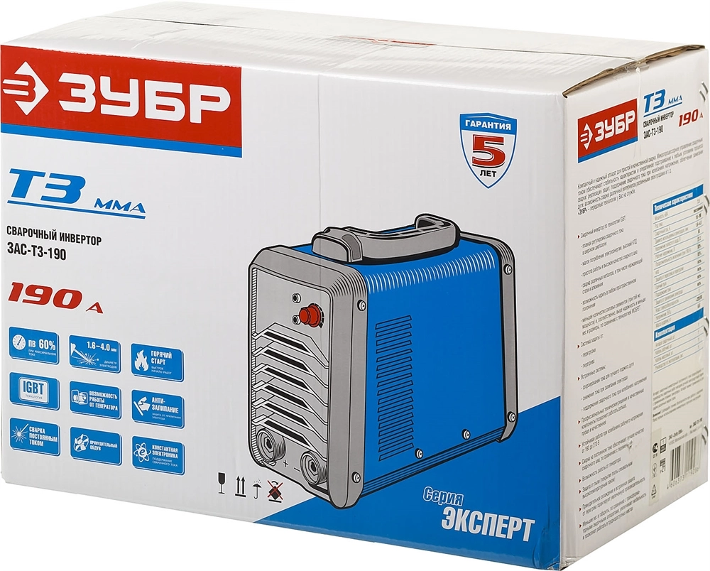 ЗУБР ММА, 190 А, MMA/TIG LIFT, сварочный аппарат инверторный, макс. электрод Ø 4.0 мм, Профессионал (ЗАС-Т3-190) zb  зас-т3-190