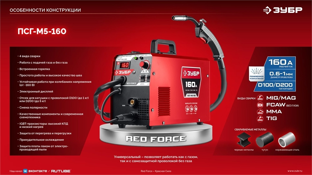 ЗУБР RED FORCE, MIG / MAG, FCAW, MMA, TIG, 160 А, полуавтомат сварочный, с газом / без газа, горелка ПСГ-180 (ПСГ-М5-160) zb  псг-м5-160