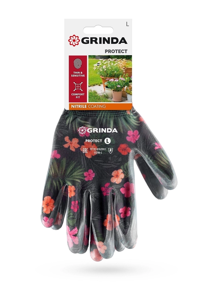GRINDA PROTECT, L (9), садовые перчатки с прозрачным нитриловым покрытием, чёрные, 13 класс (11296-L) zb  11296-l