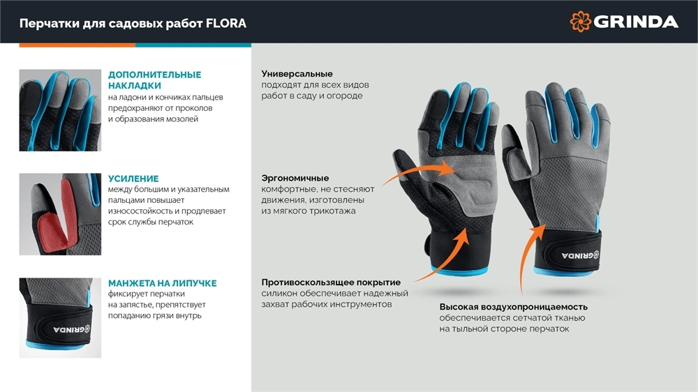GRINDA FLORA, M (8), садовые перчатки из искусственной кожи с усиленным наладонником и кончиками пальцев, противоскользящие, PRO Line (1138-M) zb  1138-m