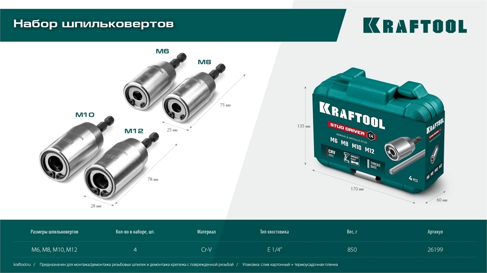 KRAFTOOL STUD DRIVER, 4 шт, М6, М8, М10, М12, набор ударных шпильковертов (26199) zb  26199